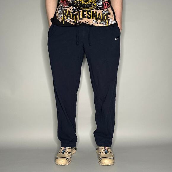 Nike Sweatpants Navy Blue Cotton White Swoosh Baggy Wide Leg - Picture 2 of 4